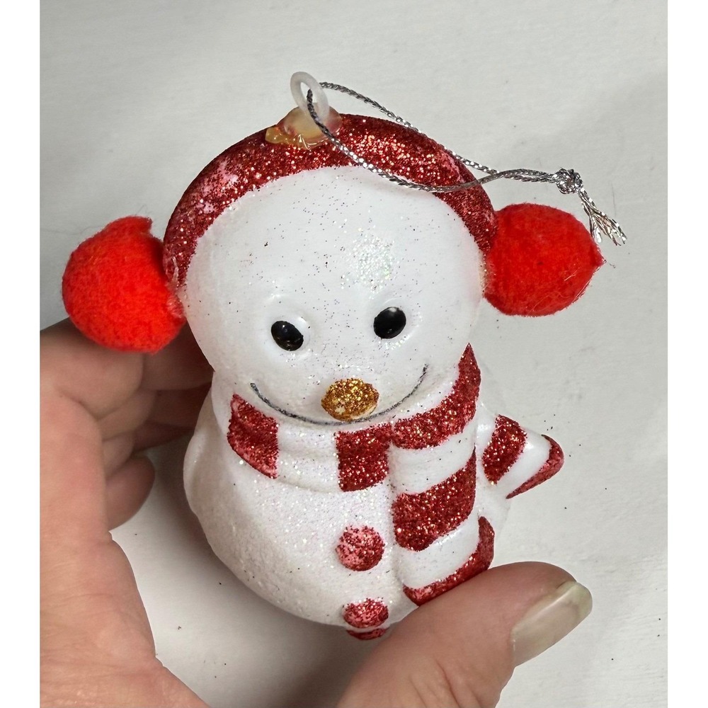Sparkling Glitter Snowman Christmas Ornament Red Earmuffs Scarf Winter Holiday